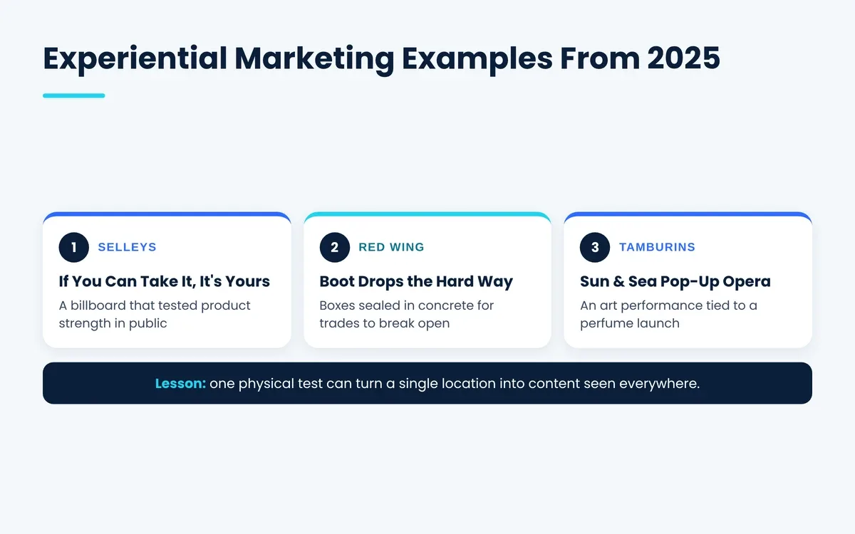 Experiential marketing examples from 2025 including Selleys, Red Wing and Tamburins