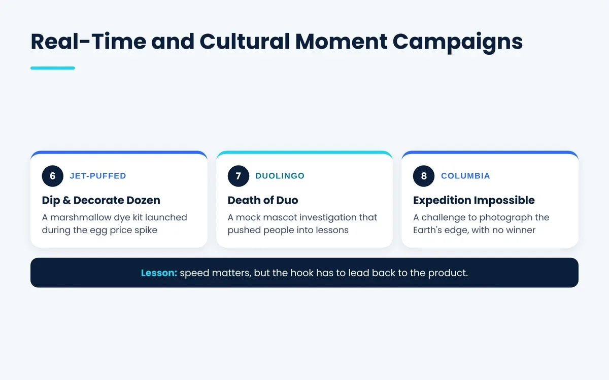 Real-time marketing examples from 2025 including Jet-Puffed, Duolingo and Columbia Sportswear